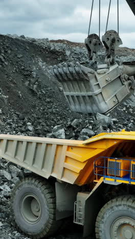 large excavator loading rocks into a dump truck in an open-pit mine