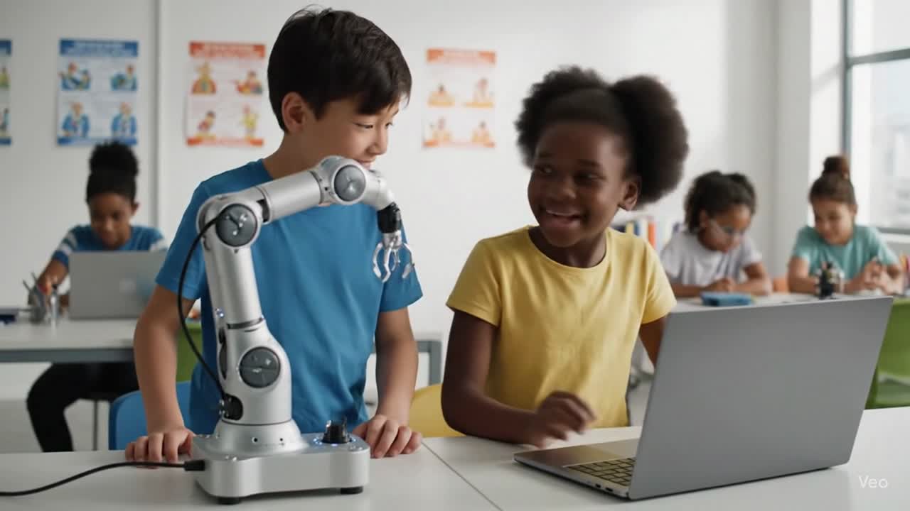 Children learning robotics and coding in stem class