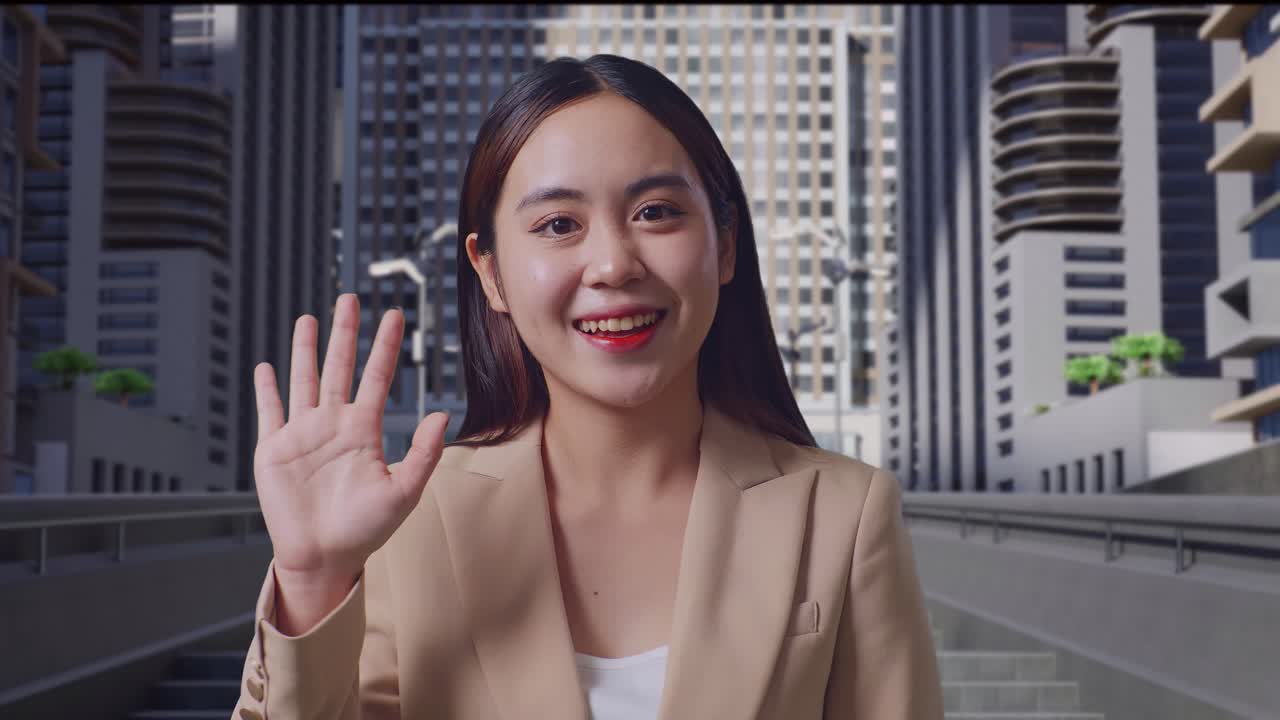 mujer saludando en un paisaje urbano