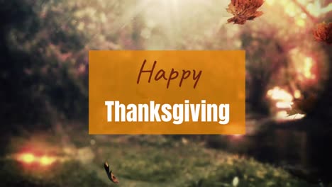 animation of happy thanksgiving text on orange banner over falling leaves