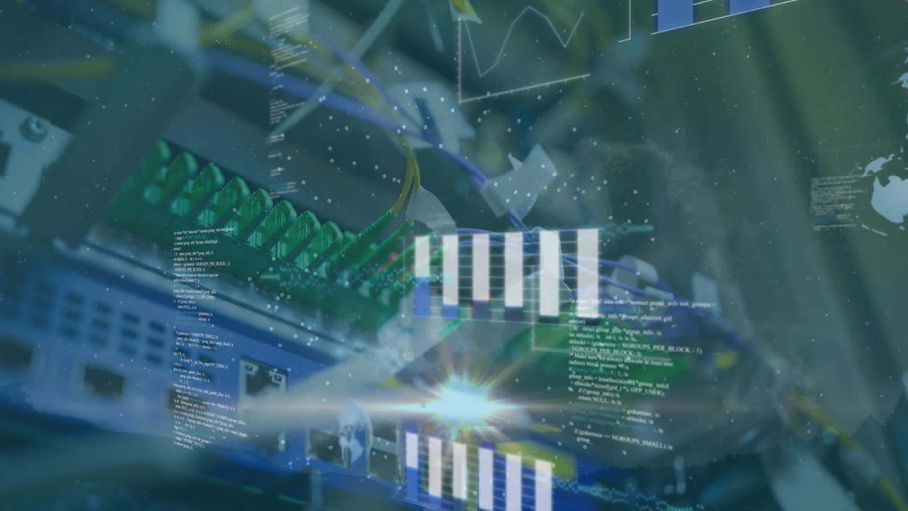 Animation of data processing and white particles spinning against close up of computer server
