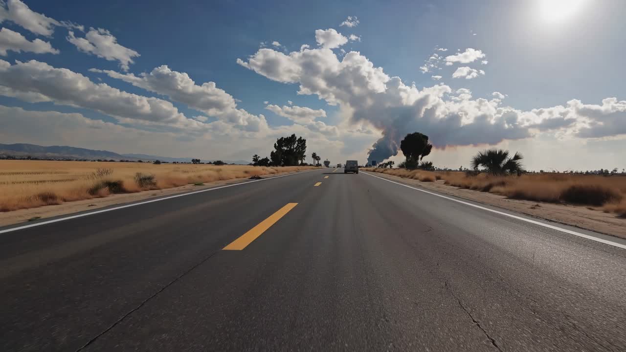 A video captures a low-angle view of a deserted highway stretching into the horizon, framed