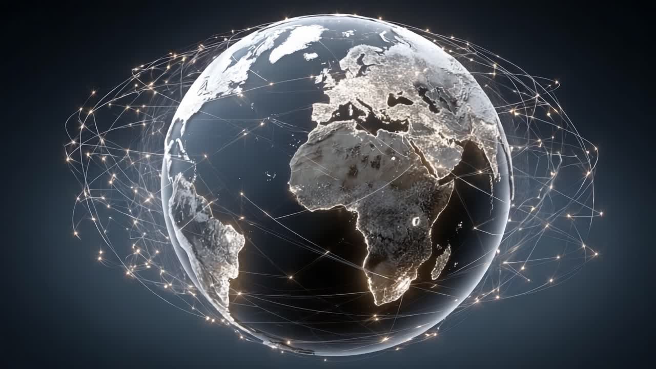A Stunning Visualization of the Earth Surrounded by Dynamic Connectivity Lines Representing Global Networks and Interactions in the Digital Age