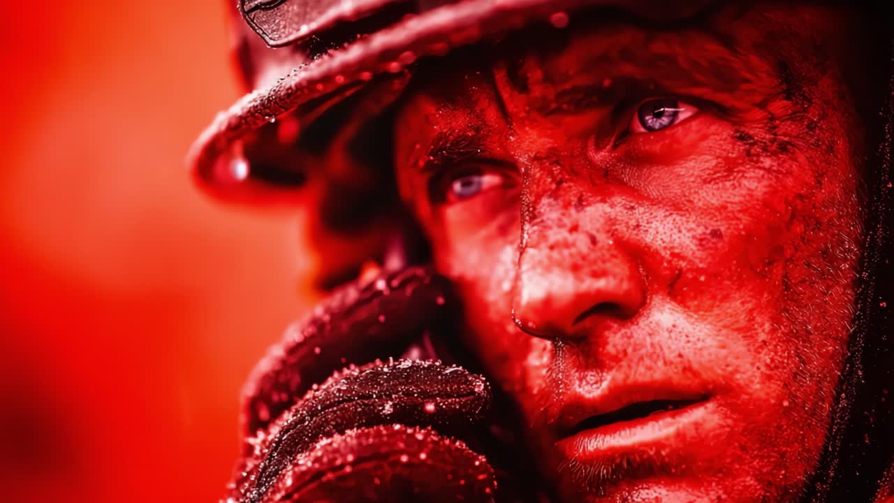 A close-up of a soldier's gritty determination and focus, captured in intense red hues, highlighting the emotional weight of communication in challenging environments