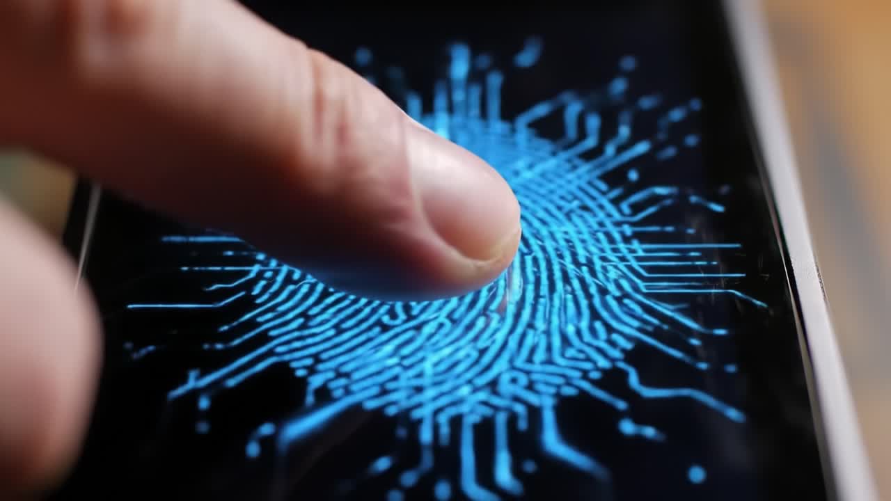 A close-up view highlights the process of using fingerprint recognition on a smartphone for secure access. This technology ensures privacy and quick authentication for users.
