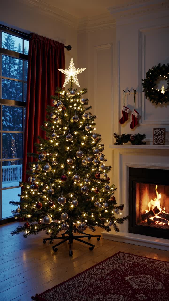 Decorated Christmas tree adorned with a shining star and colorful baubles brightening a cozy living room, featuring a warm fireplace and a picturesque snowy view outside the window