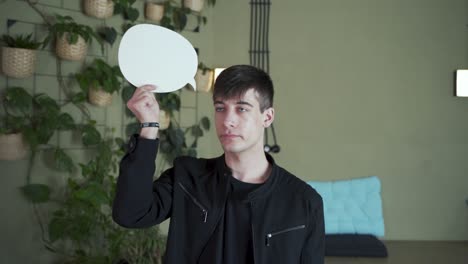 male student with dark hair european points cloud arrow to describe text dialogue