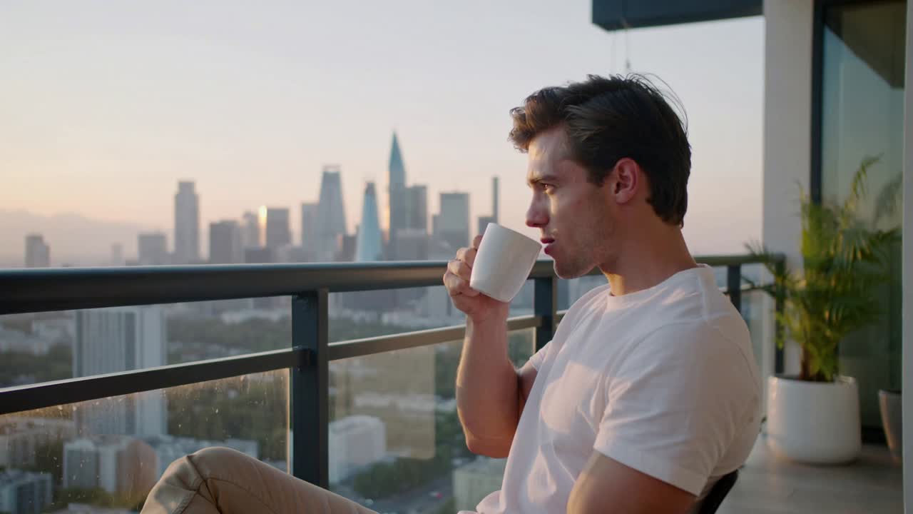Sipping adult male in tee on balcony with white mug, watching dawn skyline, copy space