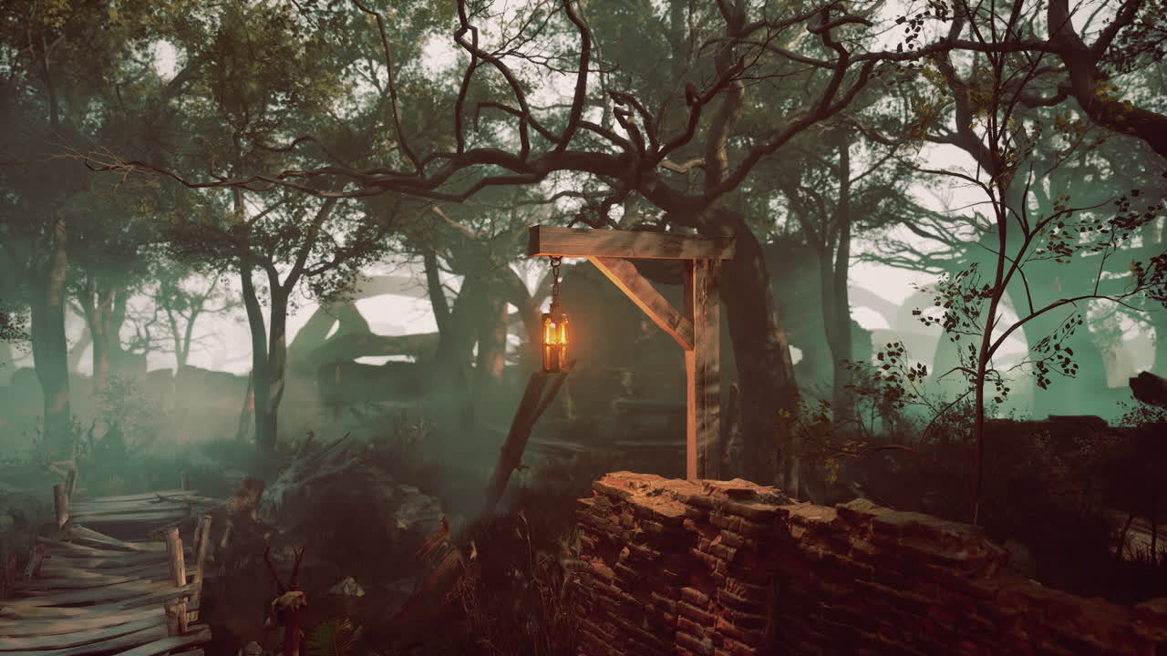 escena del bosque oscuro con árboles y lámpara