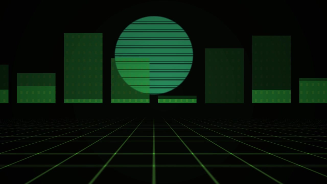 Animated Retro Digital Cityscape with Green Grid and Pulsing Elements