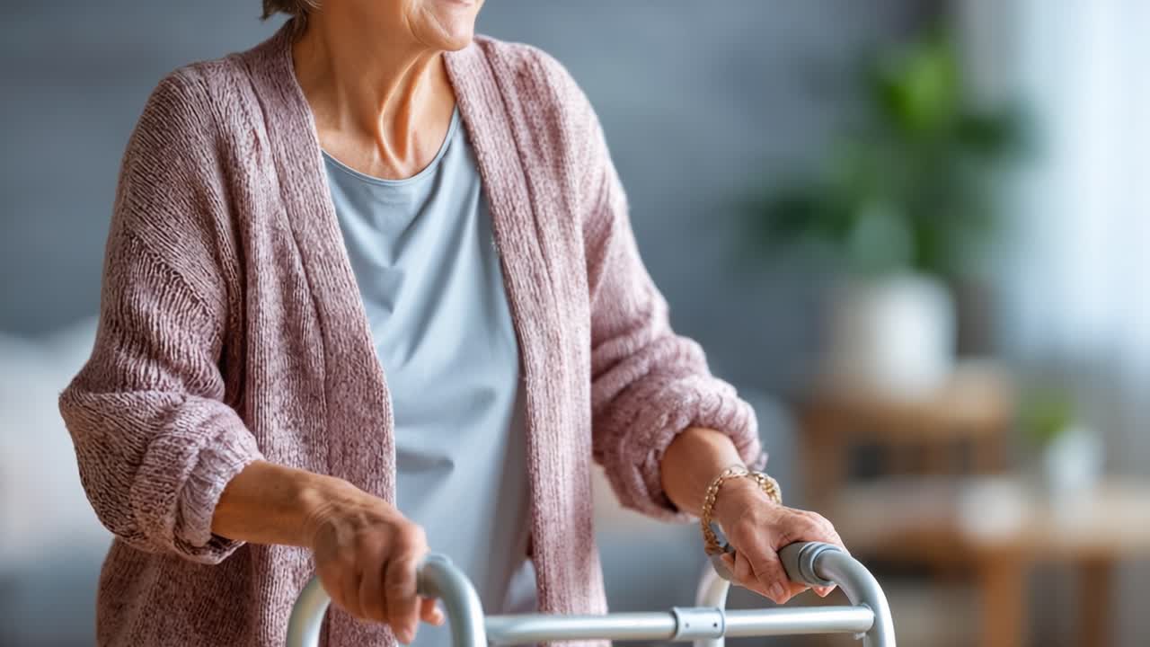En glad, eldre kvinne som bruker en rullator i et komfortabelt oppholdsrom, omfavner mobilitet og uavhengighet med et strålende smil