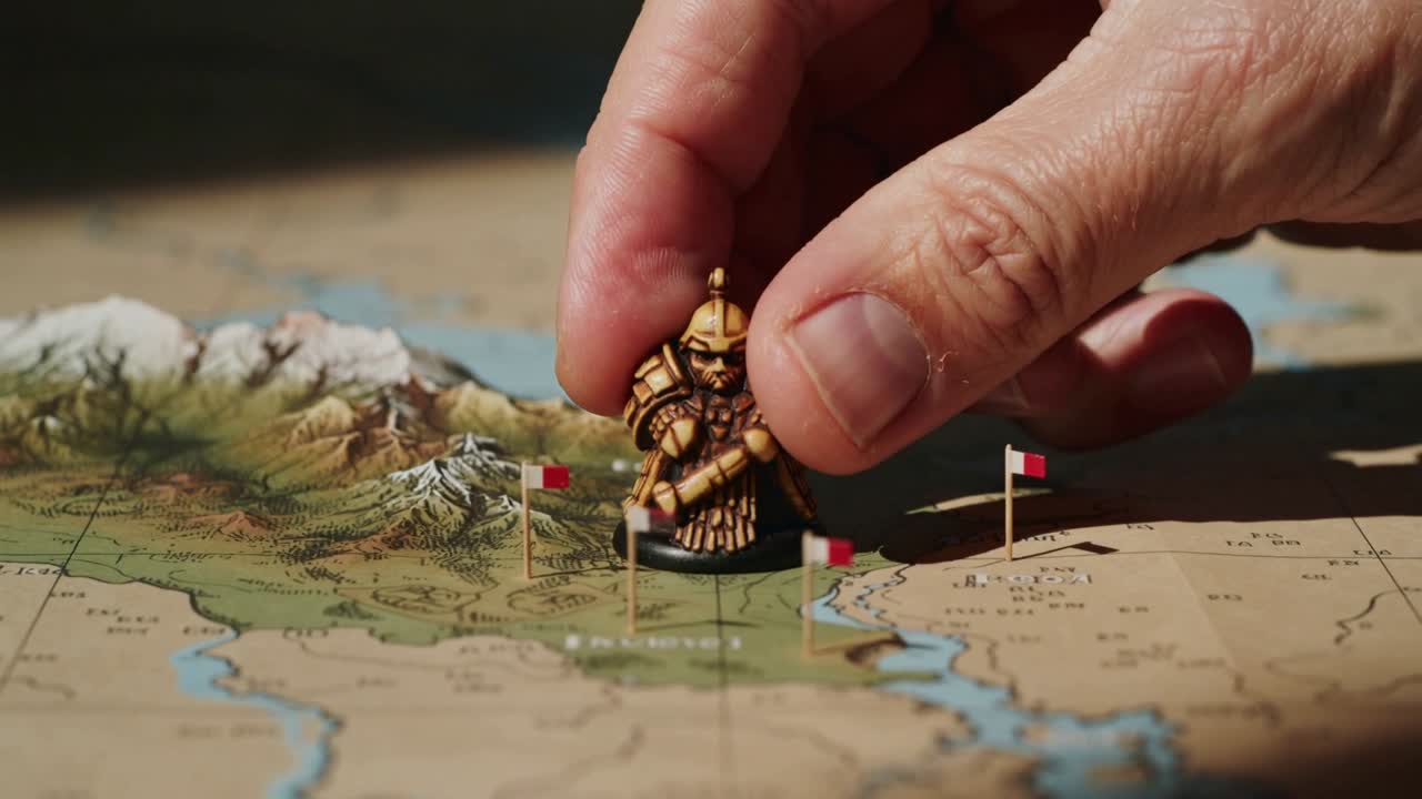 Entering top-right, hand lowering golden miniature onto topo map, aligning among red flags for game