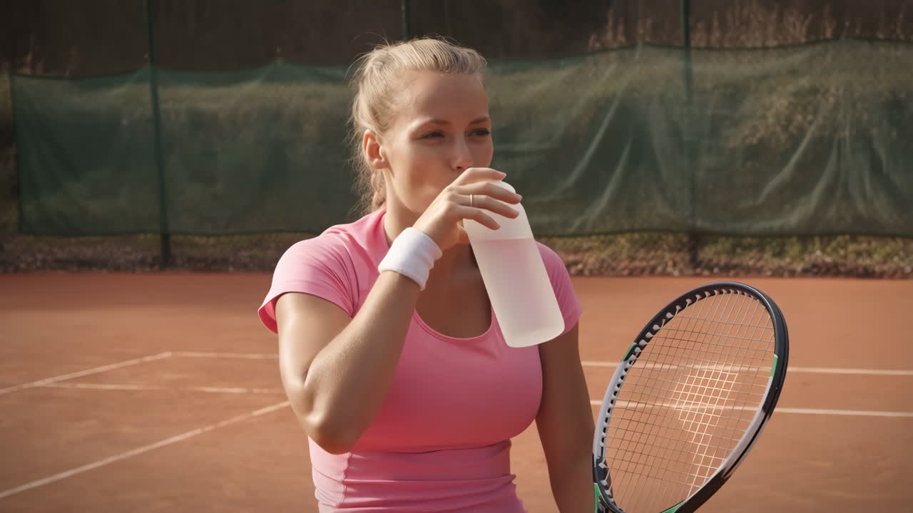 Woman drinking water on a tennis court