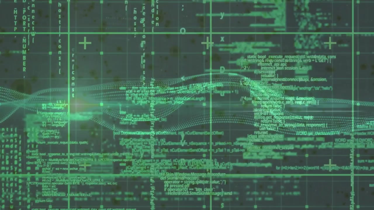 Dotted wave streams flowing through flat design network interface, displaying grid lines and code
