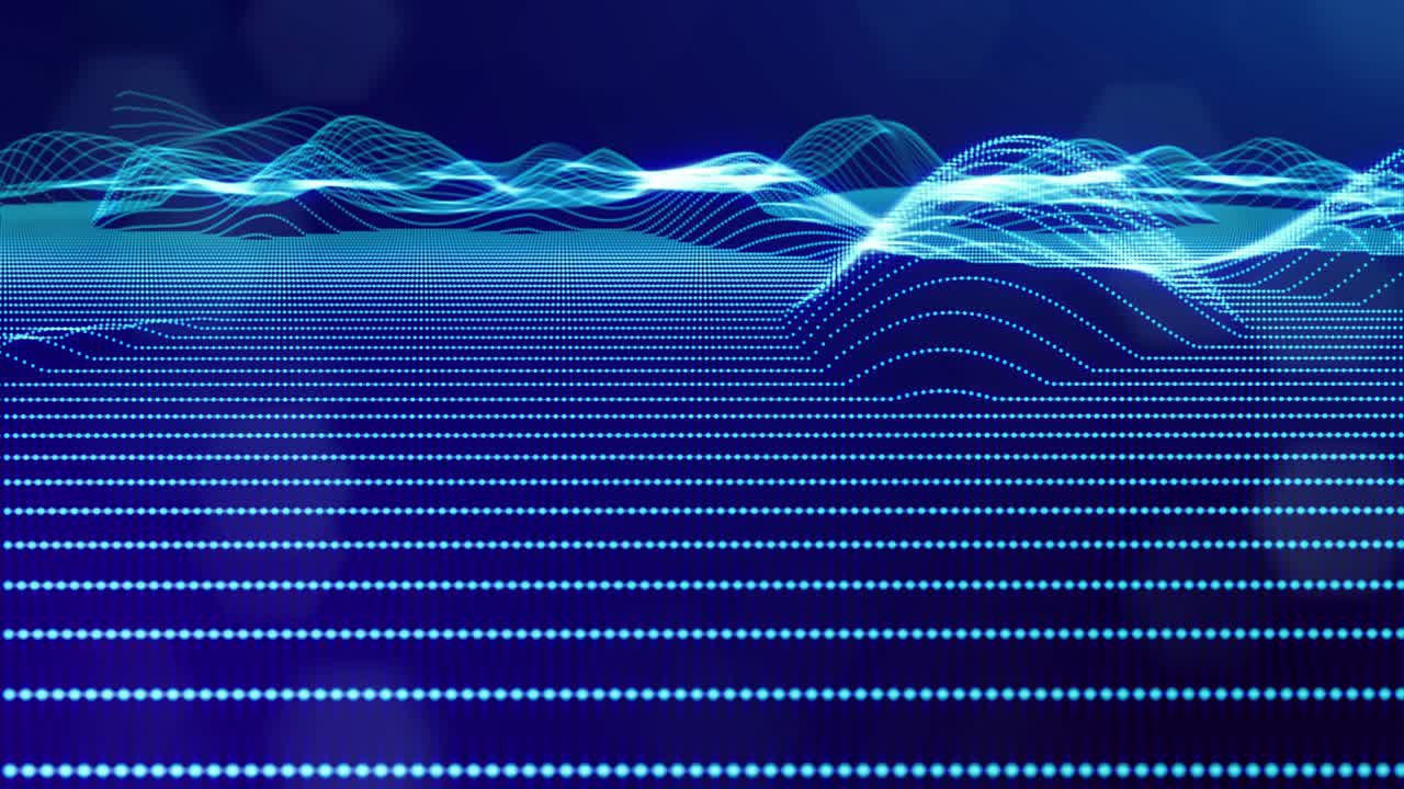 빛나는 입자가 복잡한 구조를 형성합니다. 3d 루프 sf bg 디지털 공간, 입자가 선과 표면 파동을 형성합니다. 하이테크 정보 흐름 개념, 블록체인.