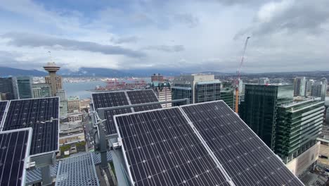 modern futuristic green smart city, solar panel installed on rooftop skyscraper, cityscape of vancouver metropolitan city of canada