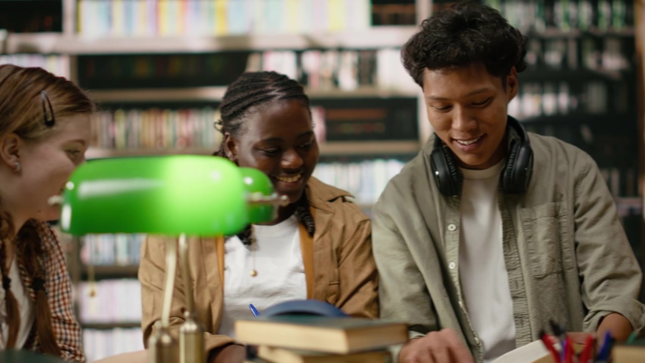 Students happily discussing study materials and reading from textbooks
