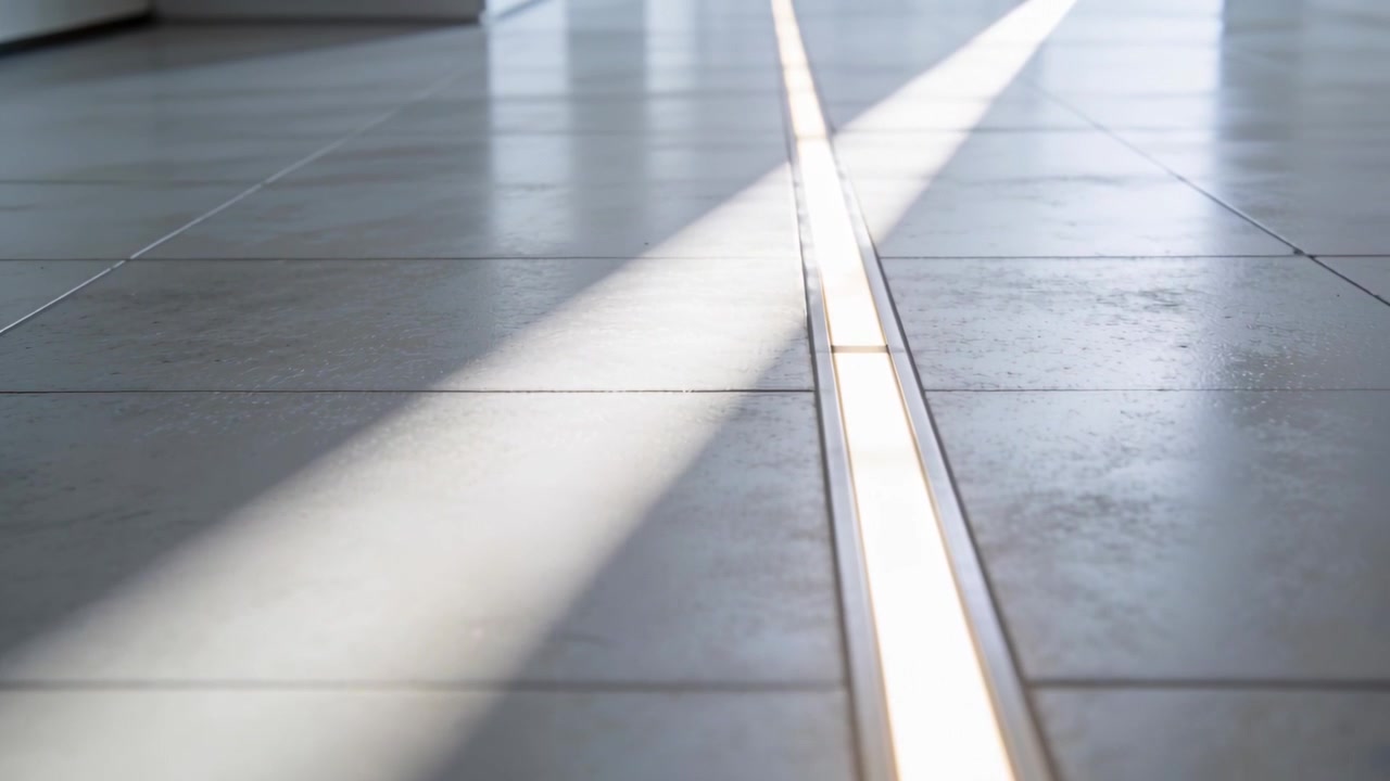 Glødende forsænket LED-strip forbliver centreret i en korridor, sollys skifter og fremhæver flisefuger