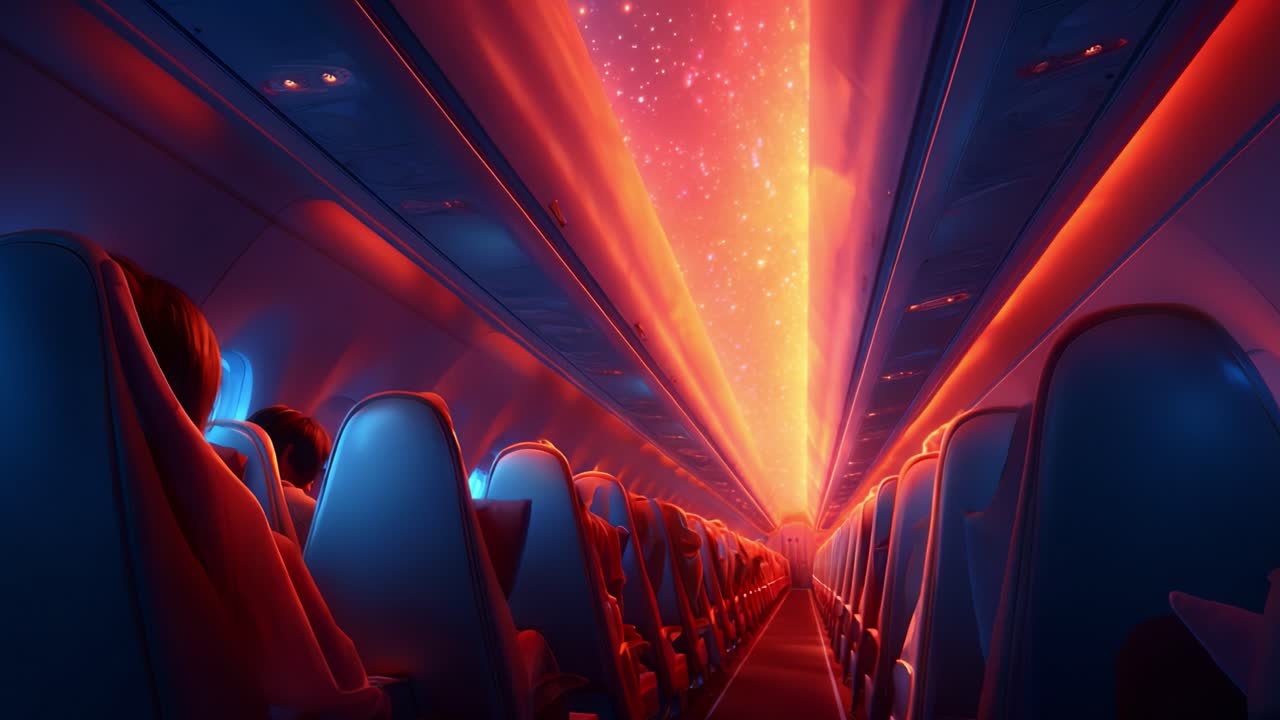 A Striking Journey Through the Skies: Experience the Incredible Visual Transformation Within an Airplane Cabin as Stars Illuminate the Cosmic Path Ahead