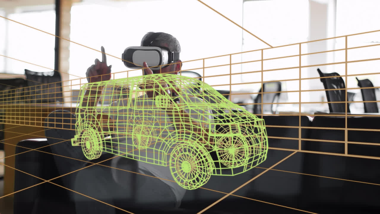 animación de dibujo 3d digital de un coche sobre un hombre usando auriculares vr