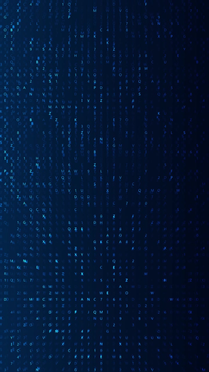 Blue random code characters background with glowing letters numbers and deep digital matrix space