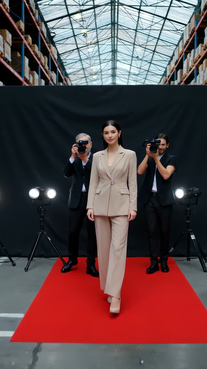 Model Poses on Red Carpet with Paparazzi in Warehouse Photoshoot