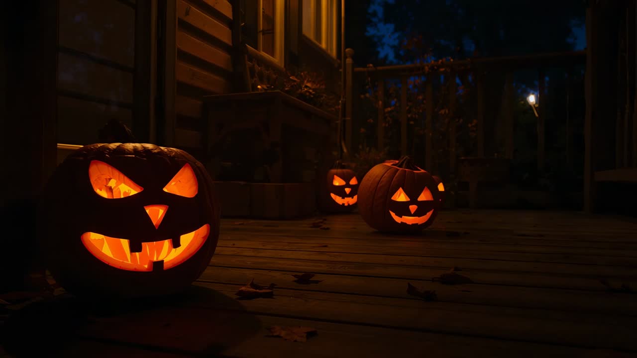 Flickering lights from carved pumpkins illuminating porch, sustaining eerie Halloween mood