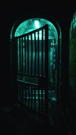 a dark and eerie entrance with a metal gate