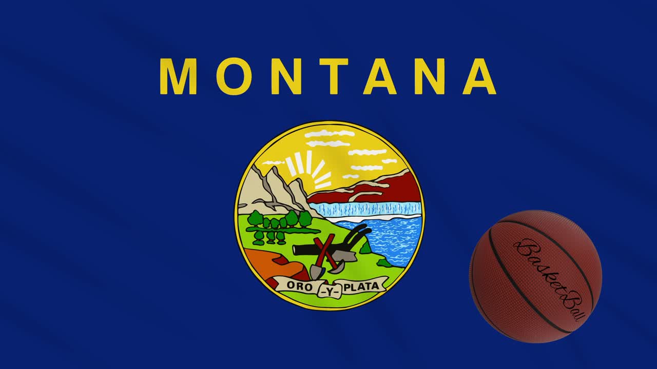 Montana flag waving and basketball ball rotates, loop