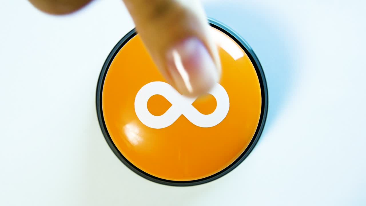 Woman pushing a glossy button with infinity symbol on white background. Mathematical symbol representing an infinitely large number. Concept of getting something for free forever. Lemniscate. No limit