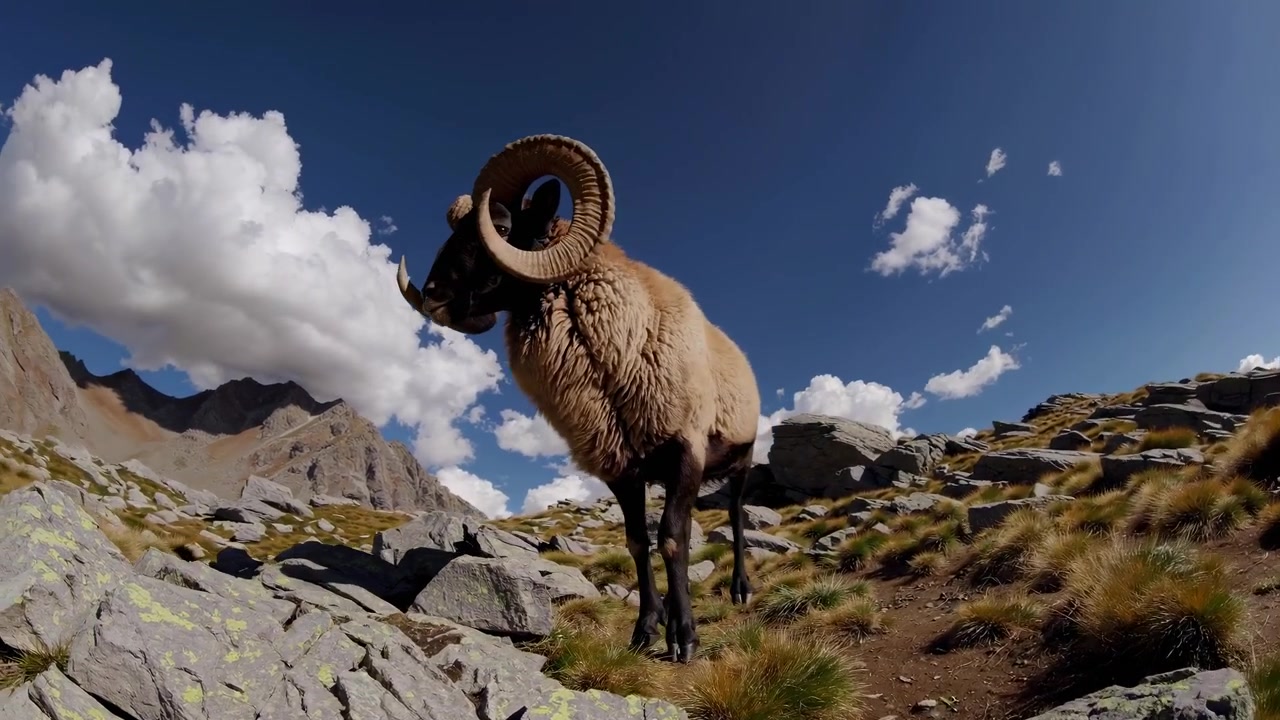 Maestoso muflone maschio in piedi su un pendio roccioso di montagna