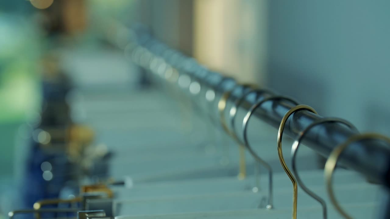 Close-up shot of jeans hanging on hangers