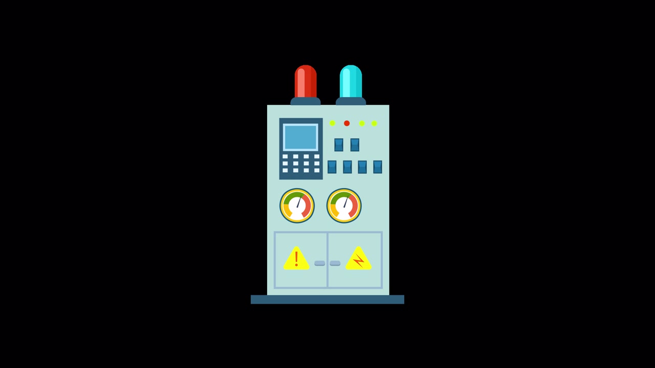 Animated Industrial Control Panel with Gauges and Warning Signs
