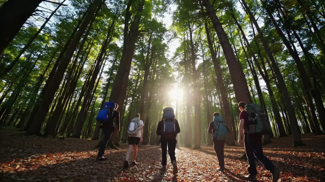 Video da angolazione bassa di escursionisti che camminano in una foresta illuminata dal sole, catturando gli alberi alti e vivaci