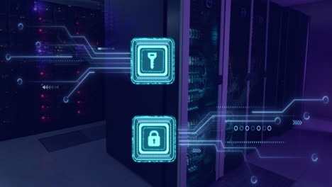 animación del procesamiento de datos con clave de seguridad en línea sobre una placa de circuitos informáticos