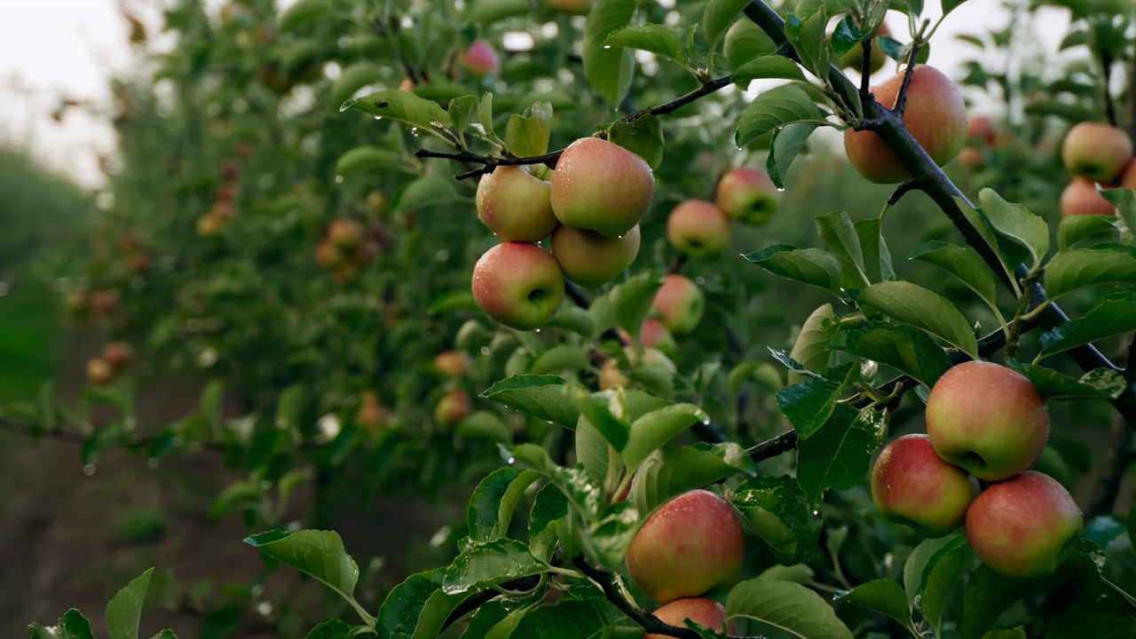 Dense Apple Branch Heavy With Fruit Along Orchard Row, Dewy Skin Glistening, Closeup Foliage, Agricultural