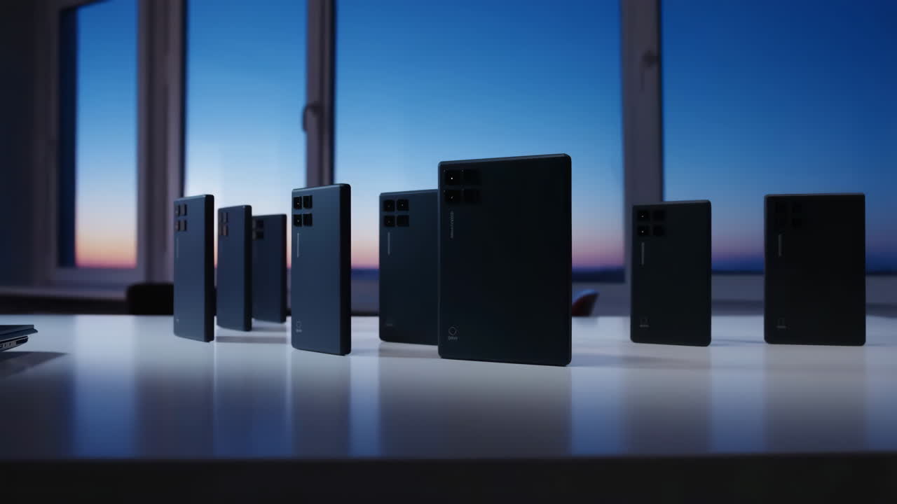 Multiple black electronic devices on a table with a sunset view from a window