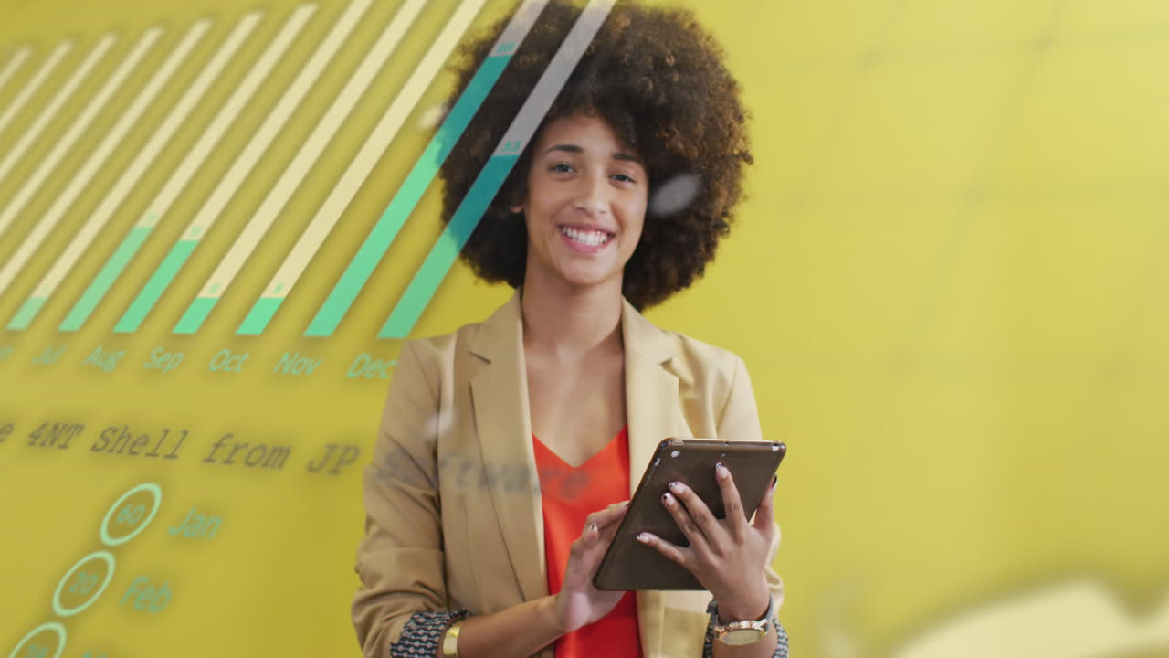 Animation of financial data processing over biracial businesswoman using tablet