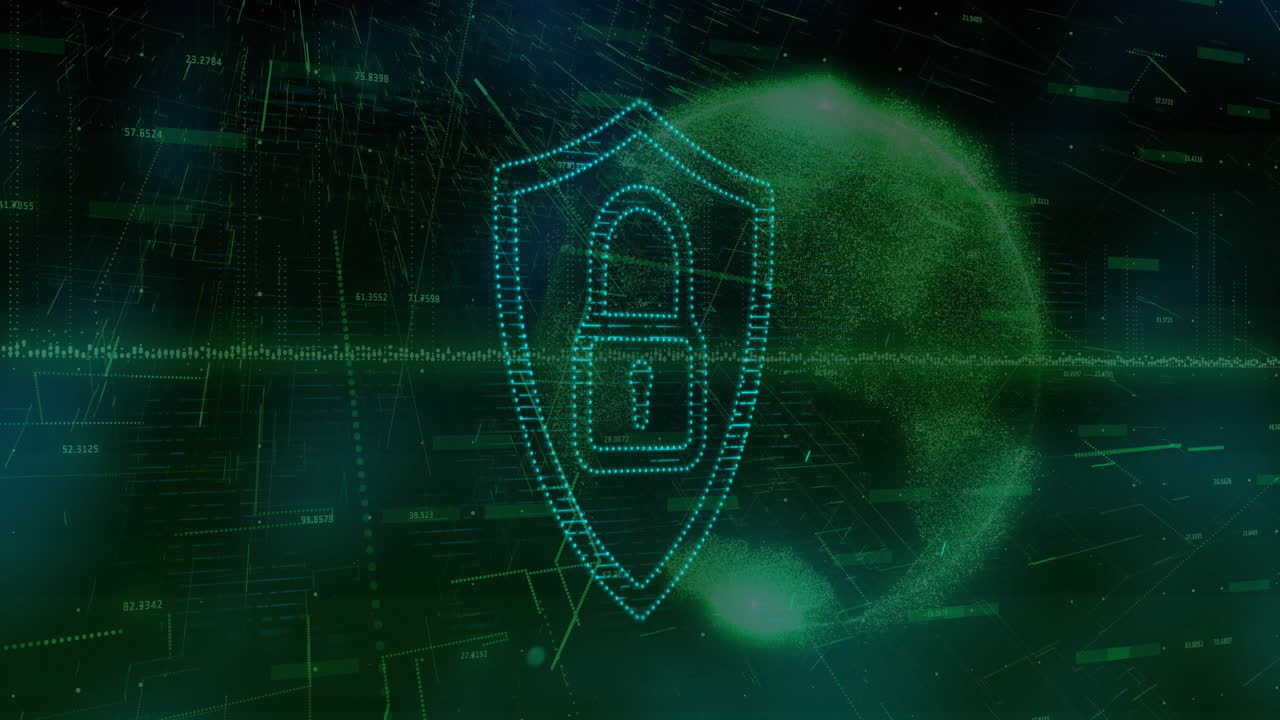 Glowing cyan shield outlining padlock and floating inside dark cyber grid, featuring streaming data