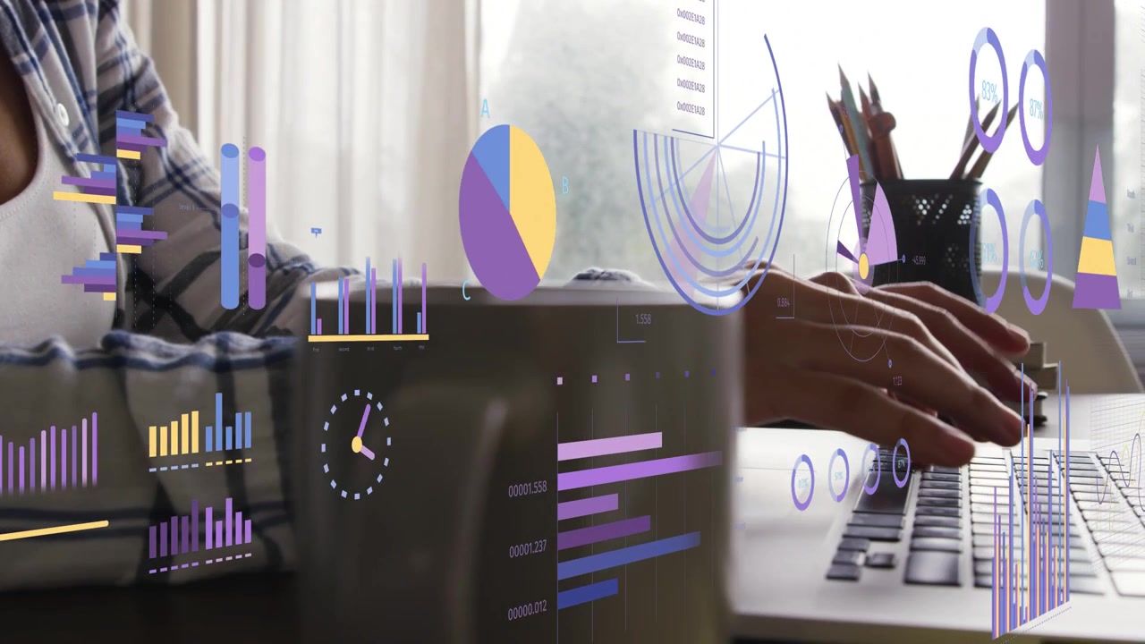 Adult woman typing on laptop, activating animated pie charts and bar graphs, reviewing finance data