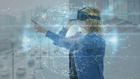 animation des globus der verbindungen über kaukasische frau mit vr-headset