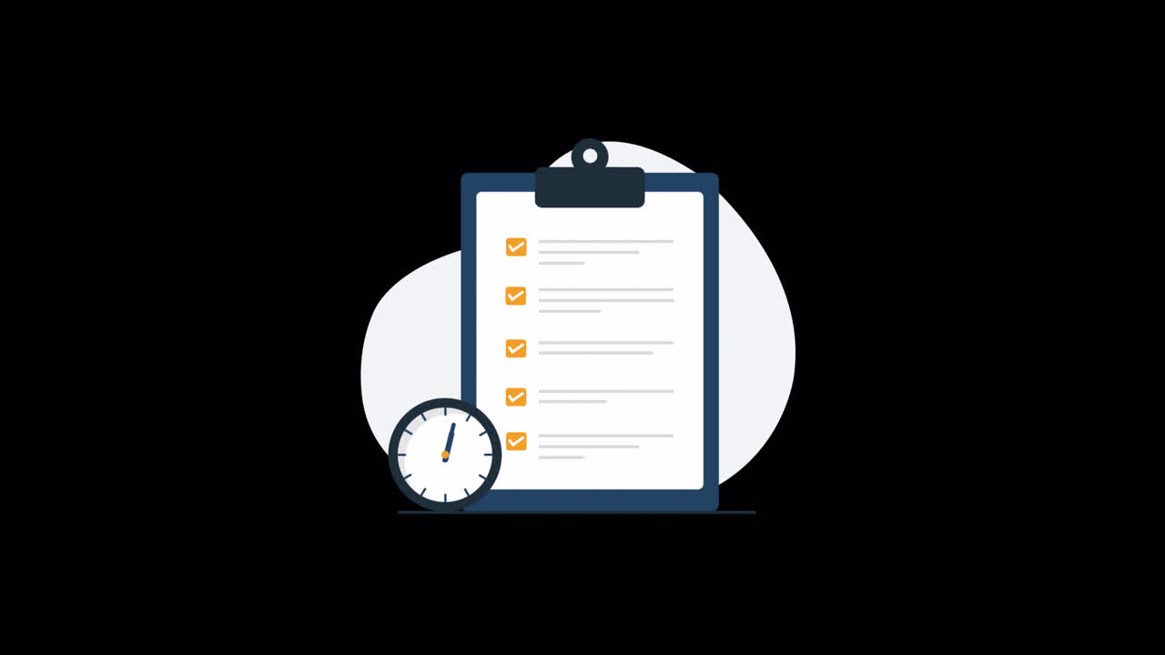 Animated Checklist on Clipboard with Clock for Time Management