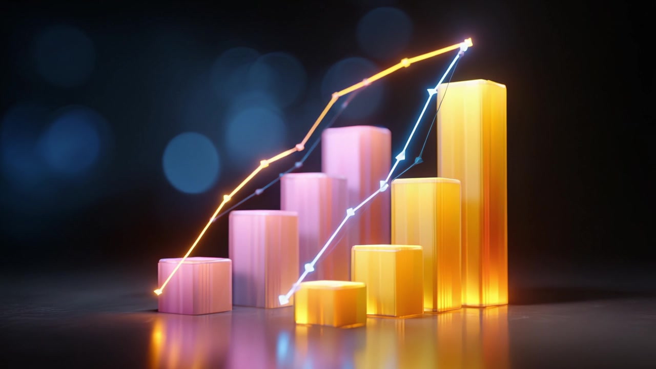 Vibrant Bar Graph Visualization with Dynamic Data Trends and Flowing Lines Representing Growth in Analytical Insights for Business Performance