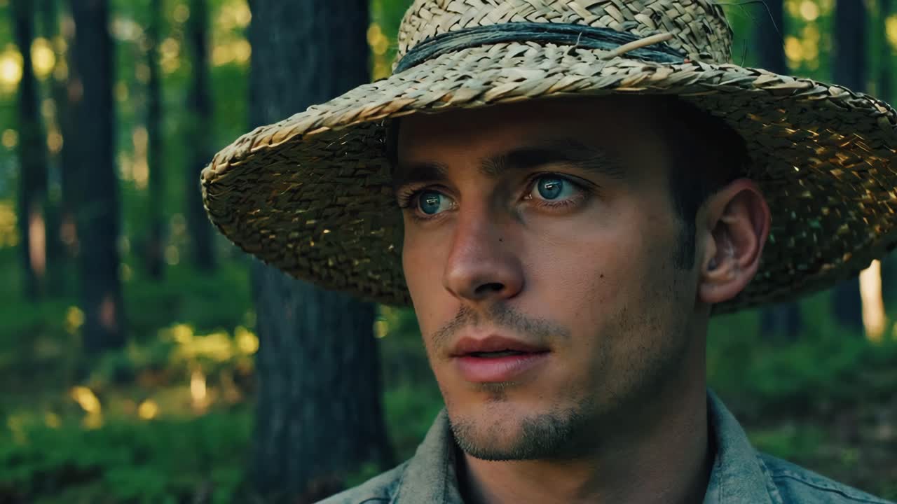 Man in Straw Hat in the Woods