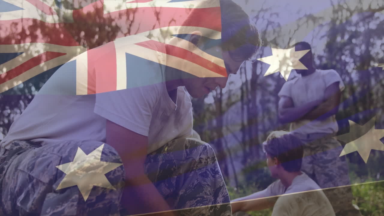 Overlaying Australian flag, diverse group working outdoors in nature with animation