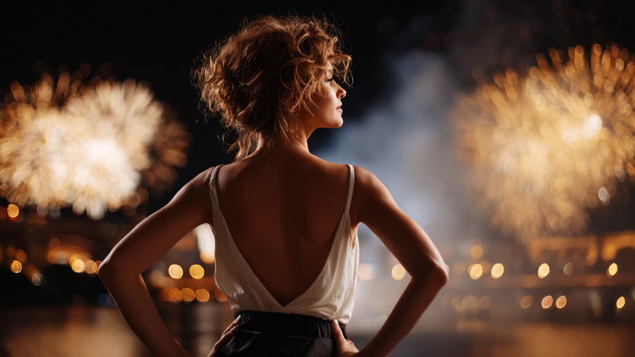 Unos fuegos artificiales espectaculares iluminan el cielo nocturno mientras una mujer a la moda mira a lo lejos, irradiando elegancia e intriga en una celebración mágica al anochecer.