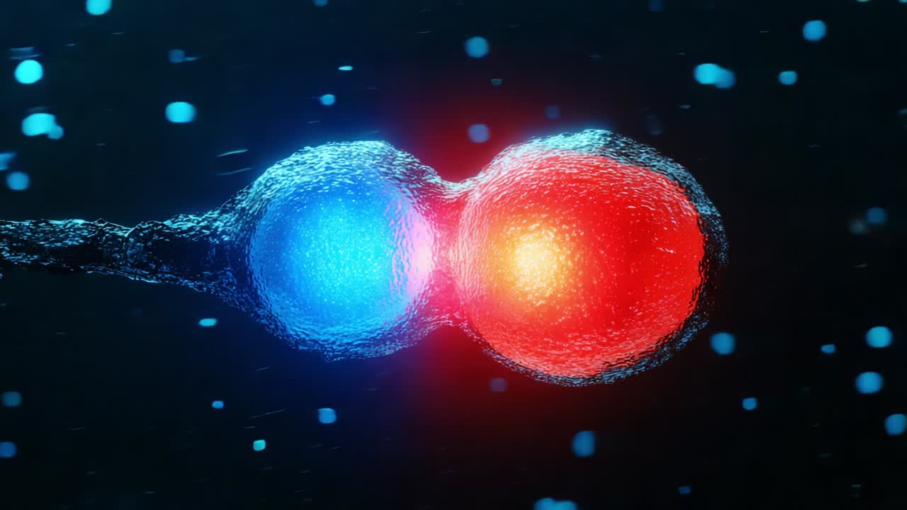 A stunning visual representation of two cells merging in a vibrant display of red and blue colors, capturing the moment of cellular fusion and emphasizing the beauty of biological processes at a microscopic level