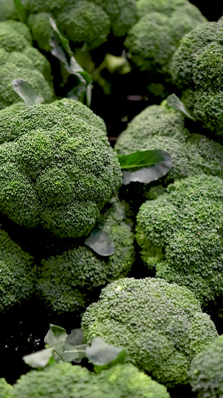 Vista ravvicinata di teste di broccoli freschi in un ambiente di supermercato ben illuminato, che mostrano colori verdi vivaci e texture naturali