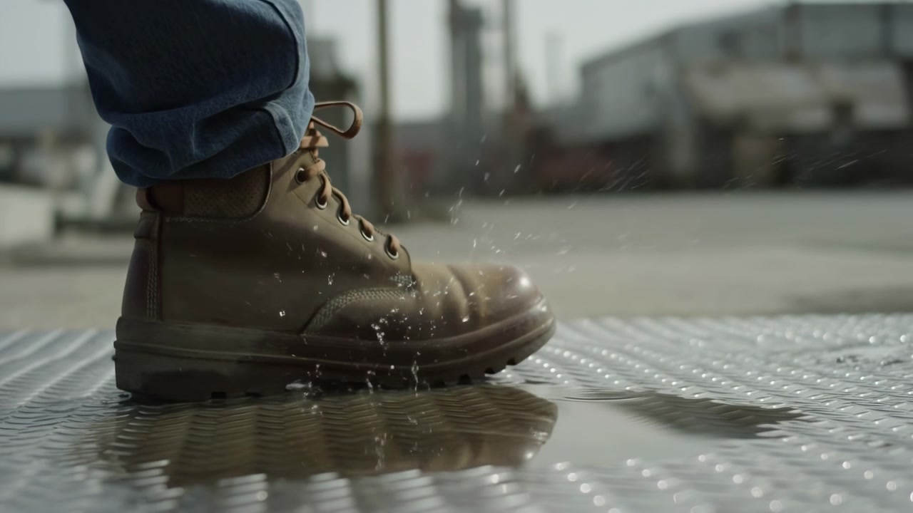 Sebuah sepatu bot kulit cokelat menekan kisi-kisi logam basah dalam bidikan bingkai tengah, menciptakan riak di genangan air sementara latar belakang perkotaan industri membentang.