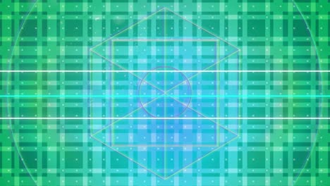 Animation-of-glowing-neon-geometric-figures-on-green-pattern